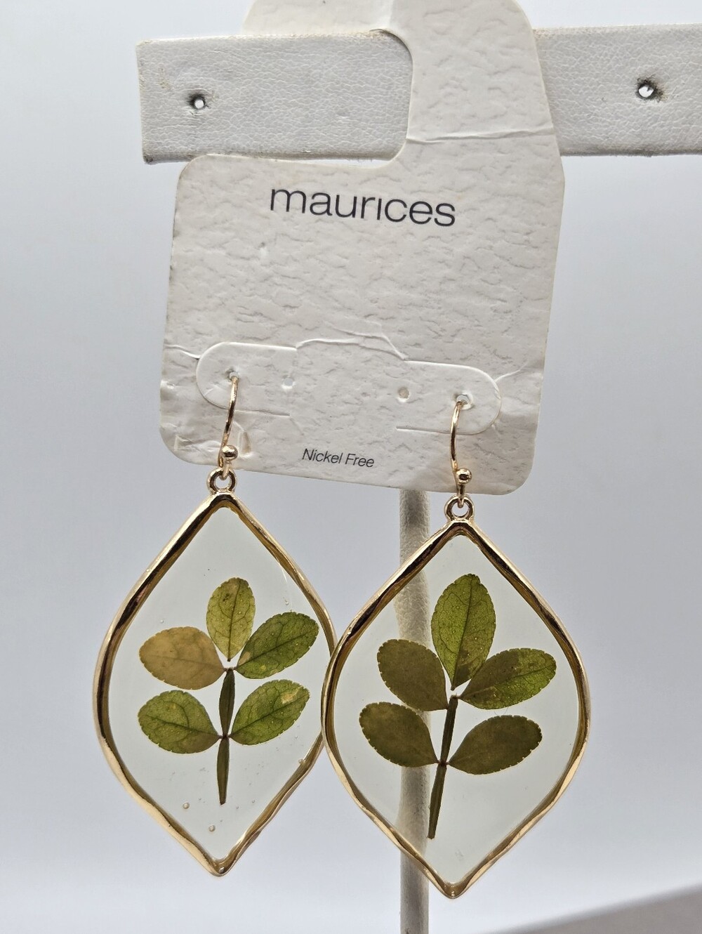 Miniature Pressed Leaf Leaves Earrings Fairy Whimsical Gold-tone Dangle Hippy